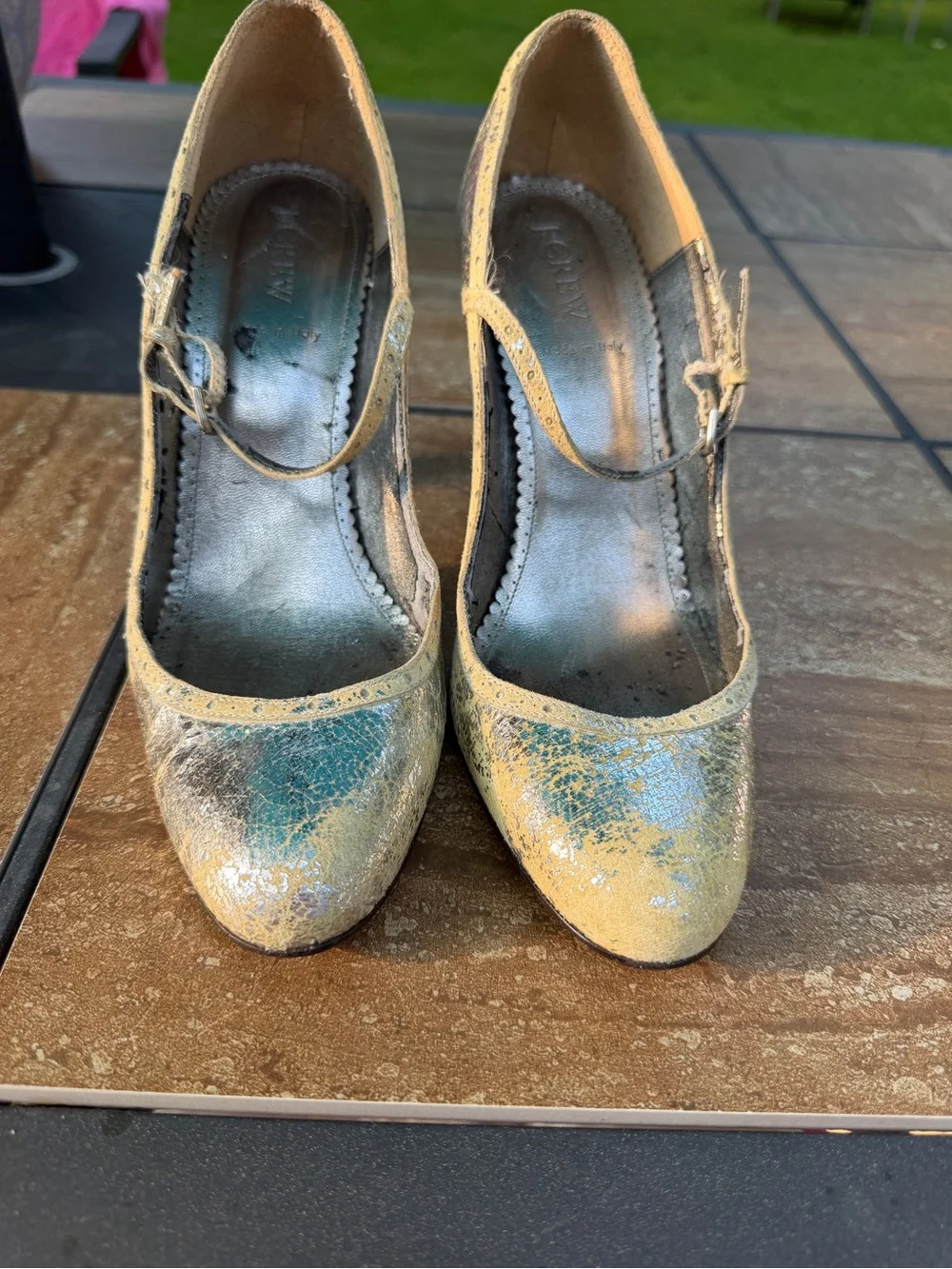 Vintage J. Crew Cracked Metallic Leather high-heel Mary Jane High Heel Pumps